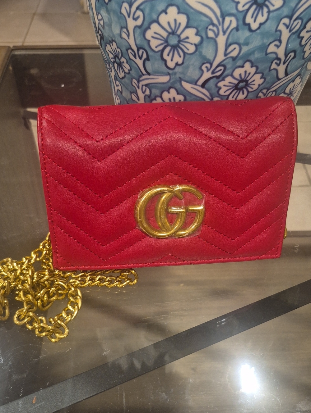 Red Gucci Chain Wallet with Gold Hardware